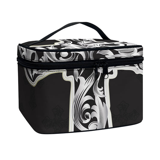 Ornamental Silver Cross Print Travel Makeup Bag