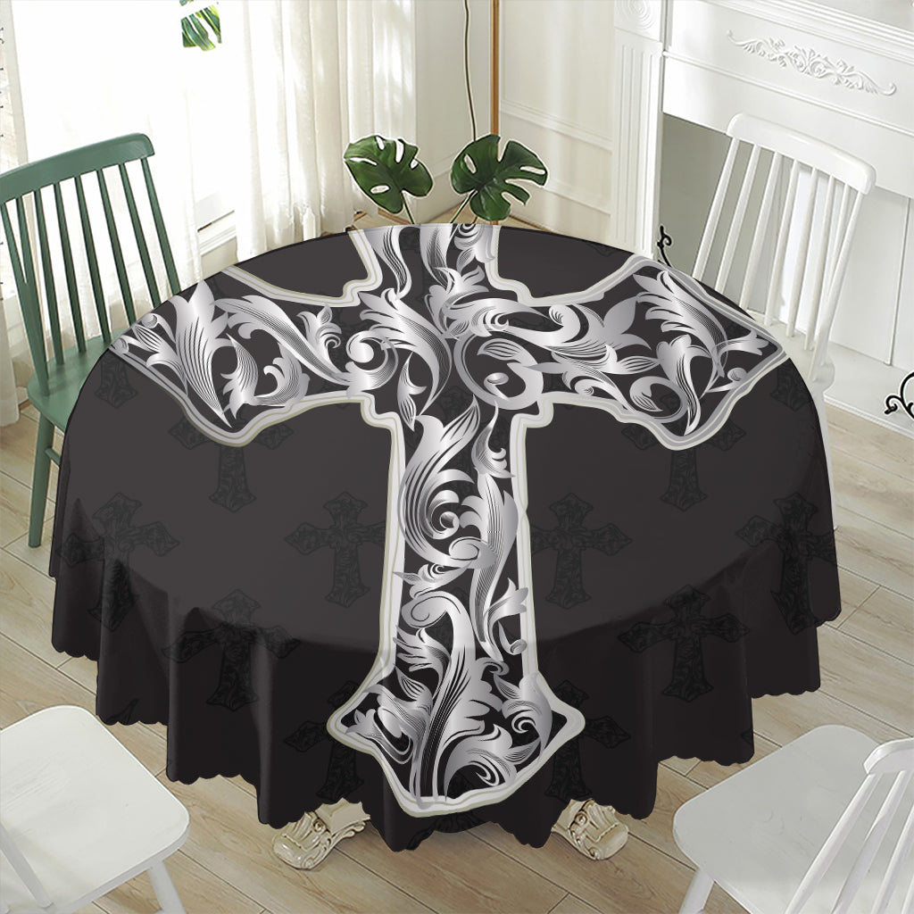 Ornamental Silver Cross Print Waterproof Round Tablecloth