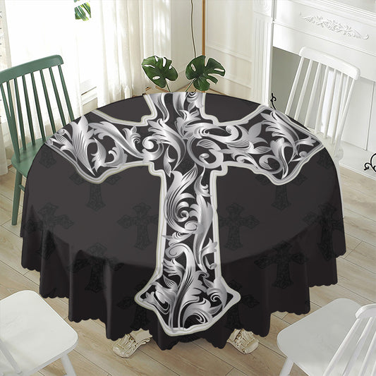 Ornamental Silver Cross Print Waterproof Round Tablecloth