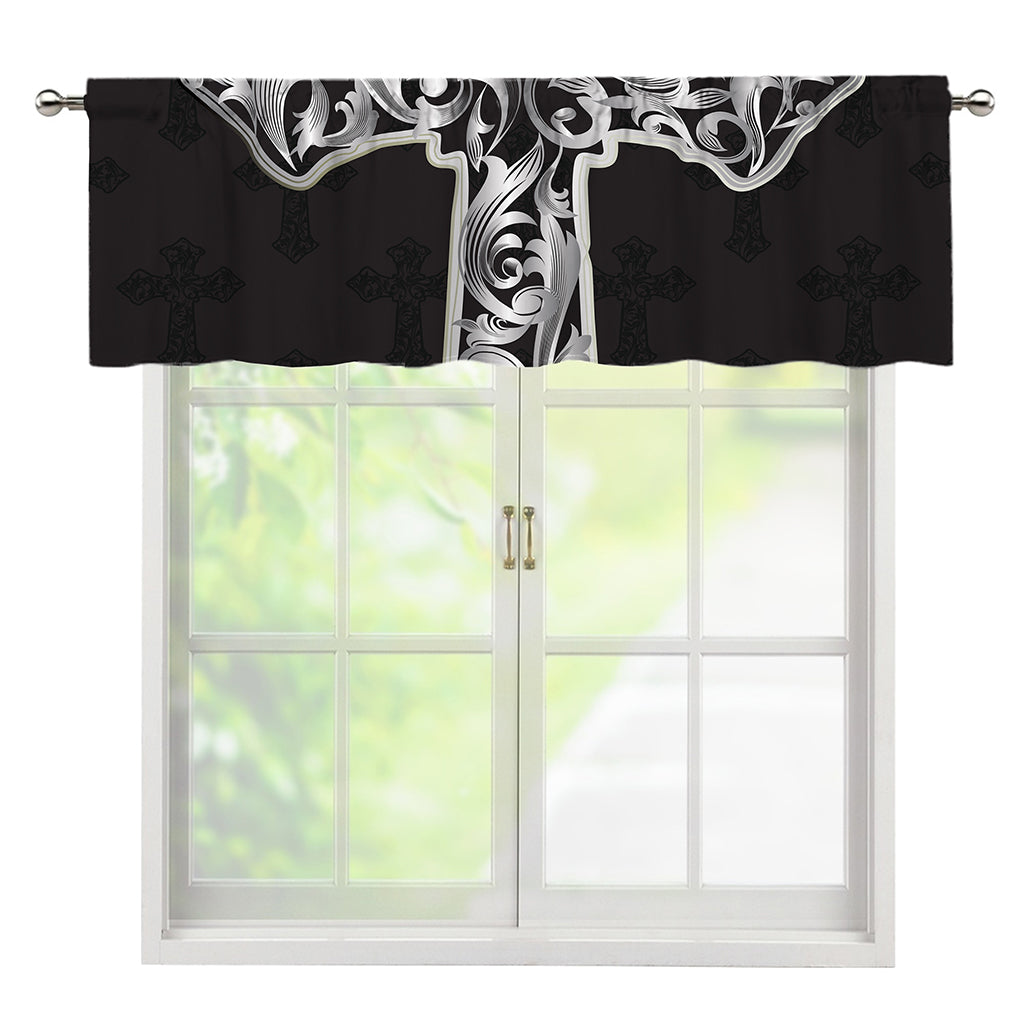 Ornamental Silver Cross Print Window Valance