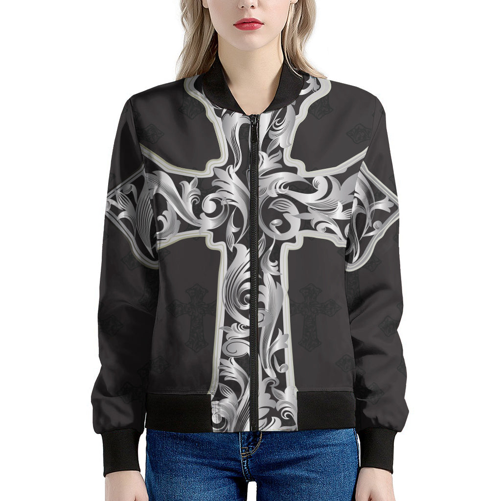 Ornamental Silver Cross Print Women's Bomber Jacket