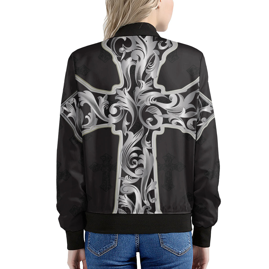 Ornamental Silver Cross Print Women's Bomber Jacket