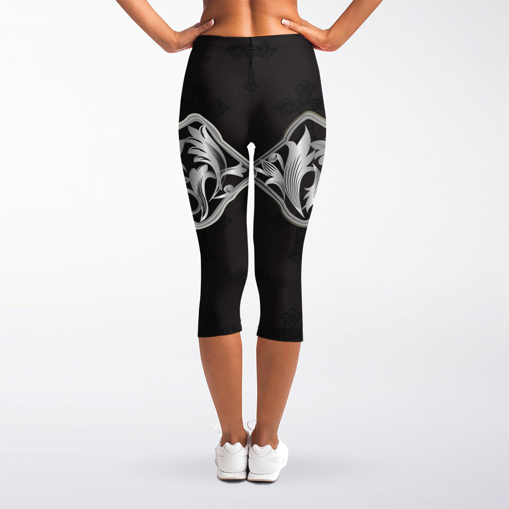 Ornamental Silver Cross Print Women's Capri Leggings