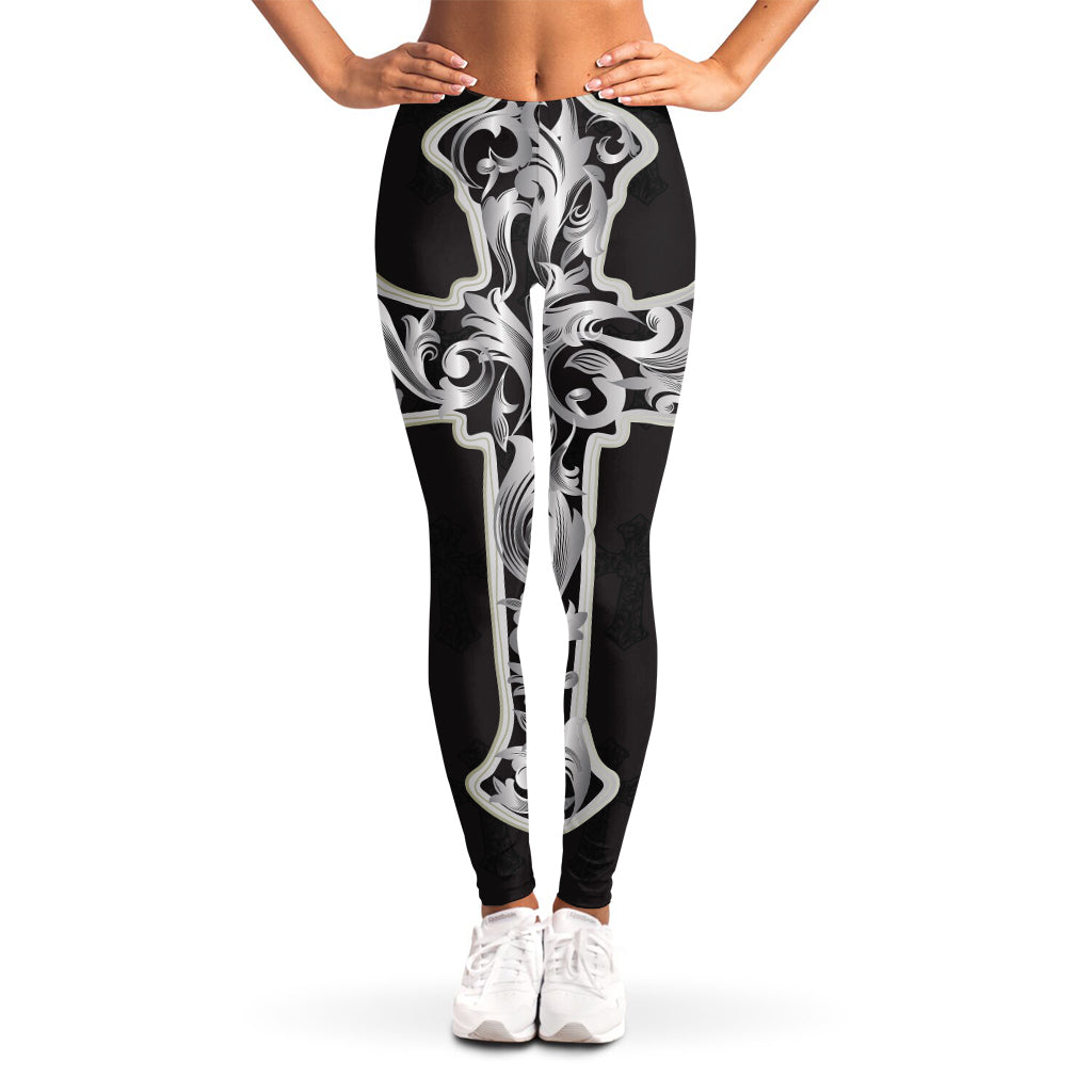 Ornamental Silver Cross Print Women's Leggings