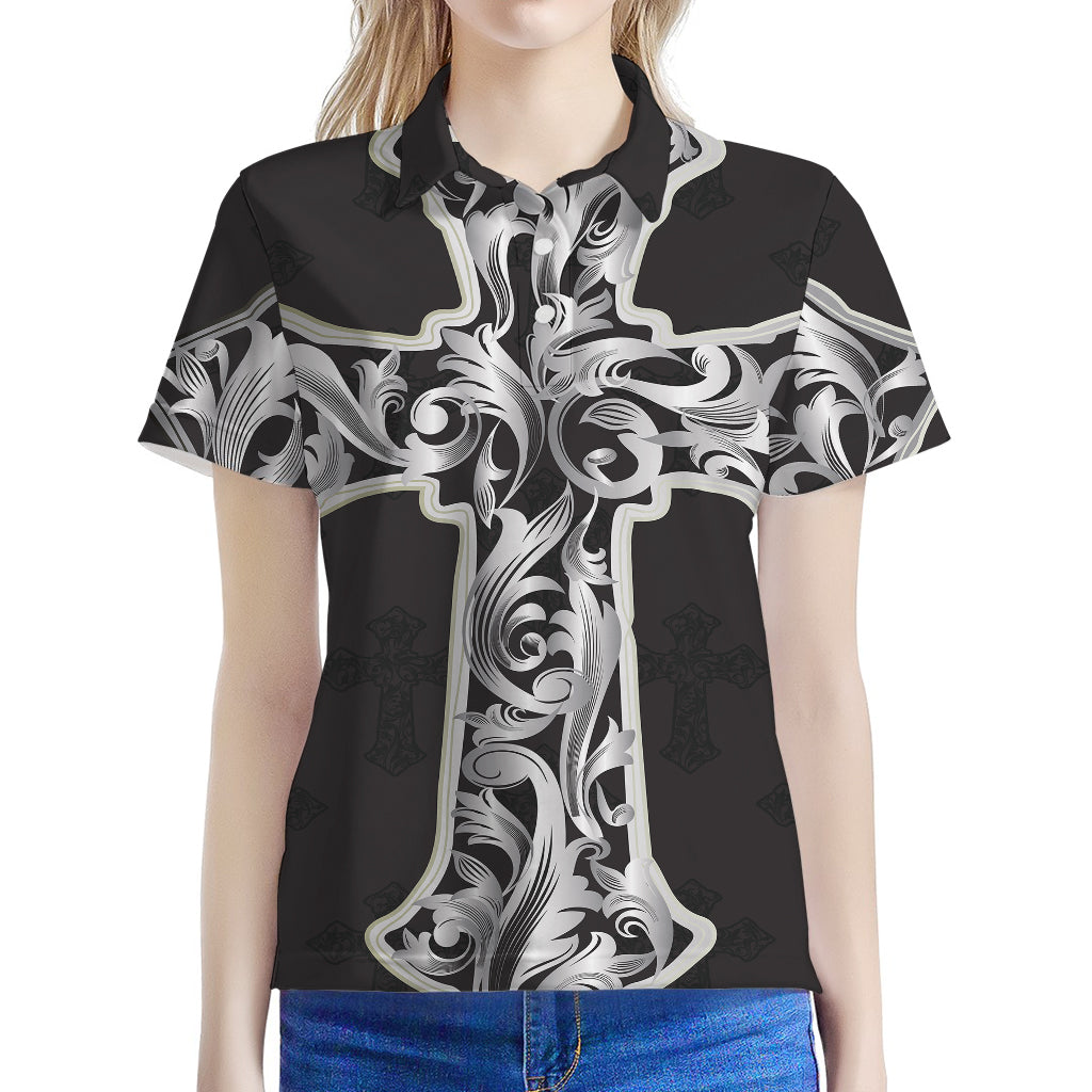 Ornamental Silver Cross Print Women's Polo Shirt