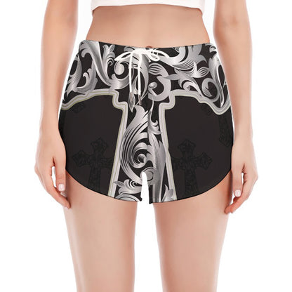 Ornamental Silver Cross Print Women's Split Running Shorts