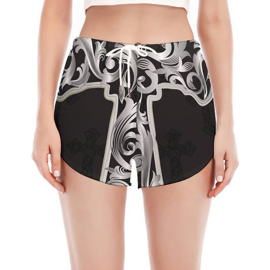 Ornamental Silver Cross Print Women's Split Running Shorts