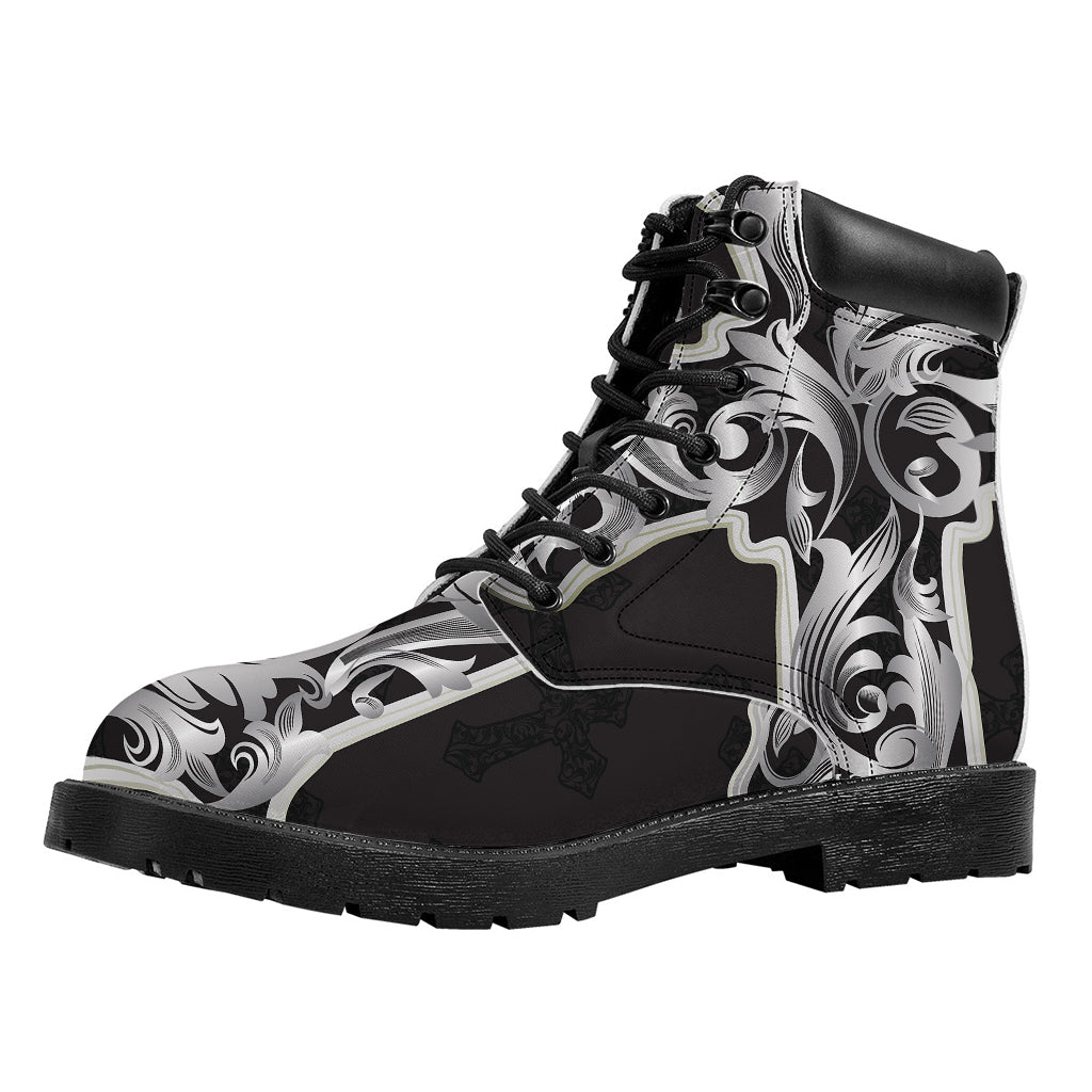 Ornamental Silver Cross Print Work Boots