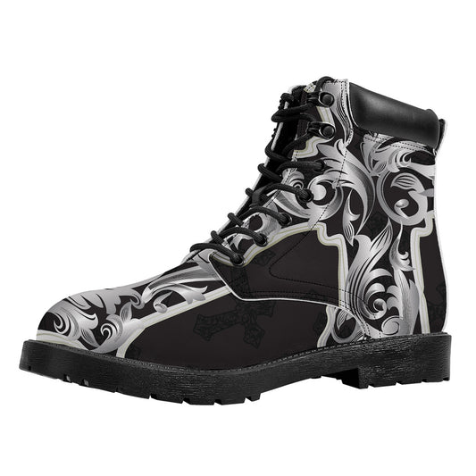 Ornamental Silver Cross Print Work Boots