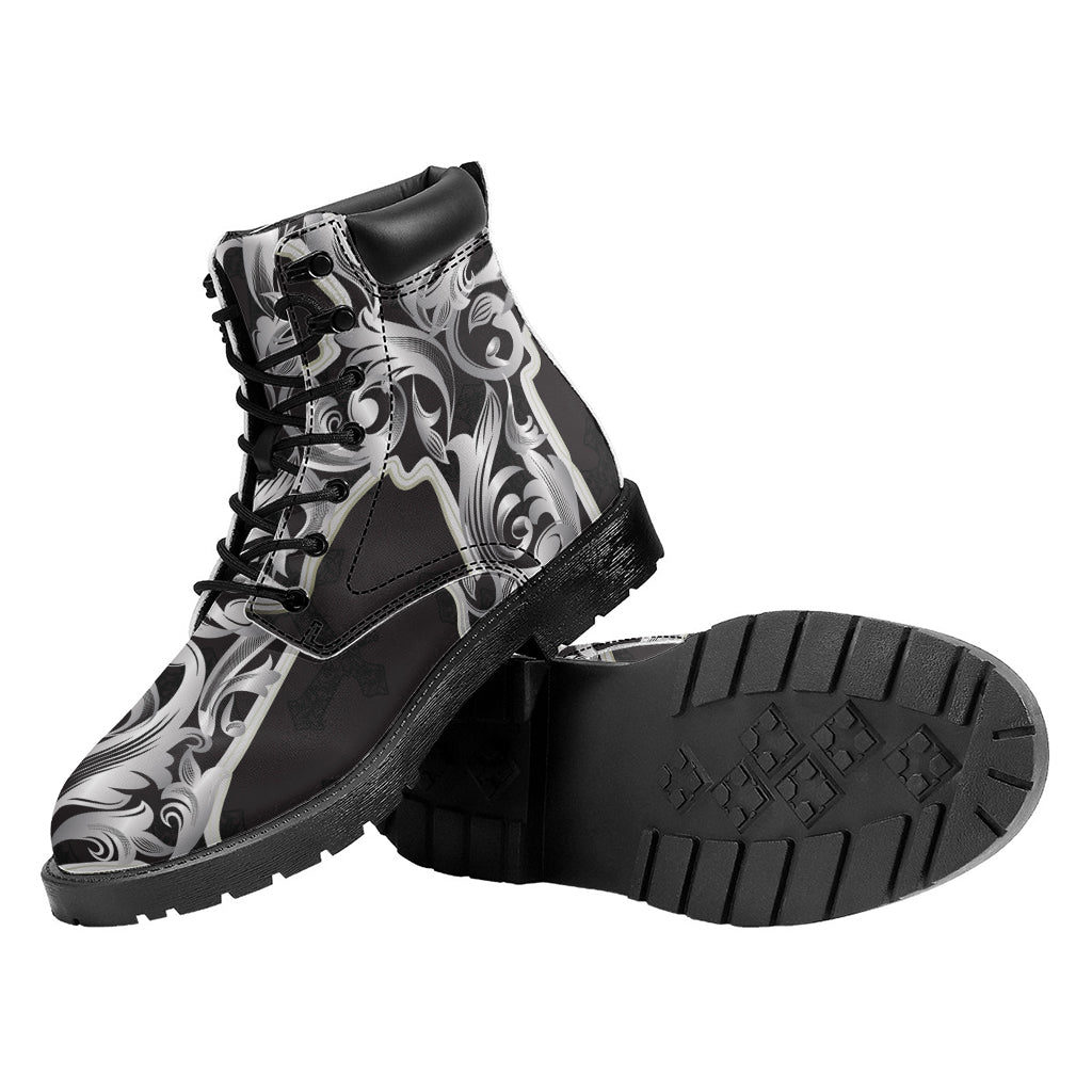 Ornamental Silver Cross Print Work Boots