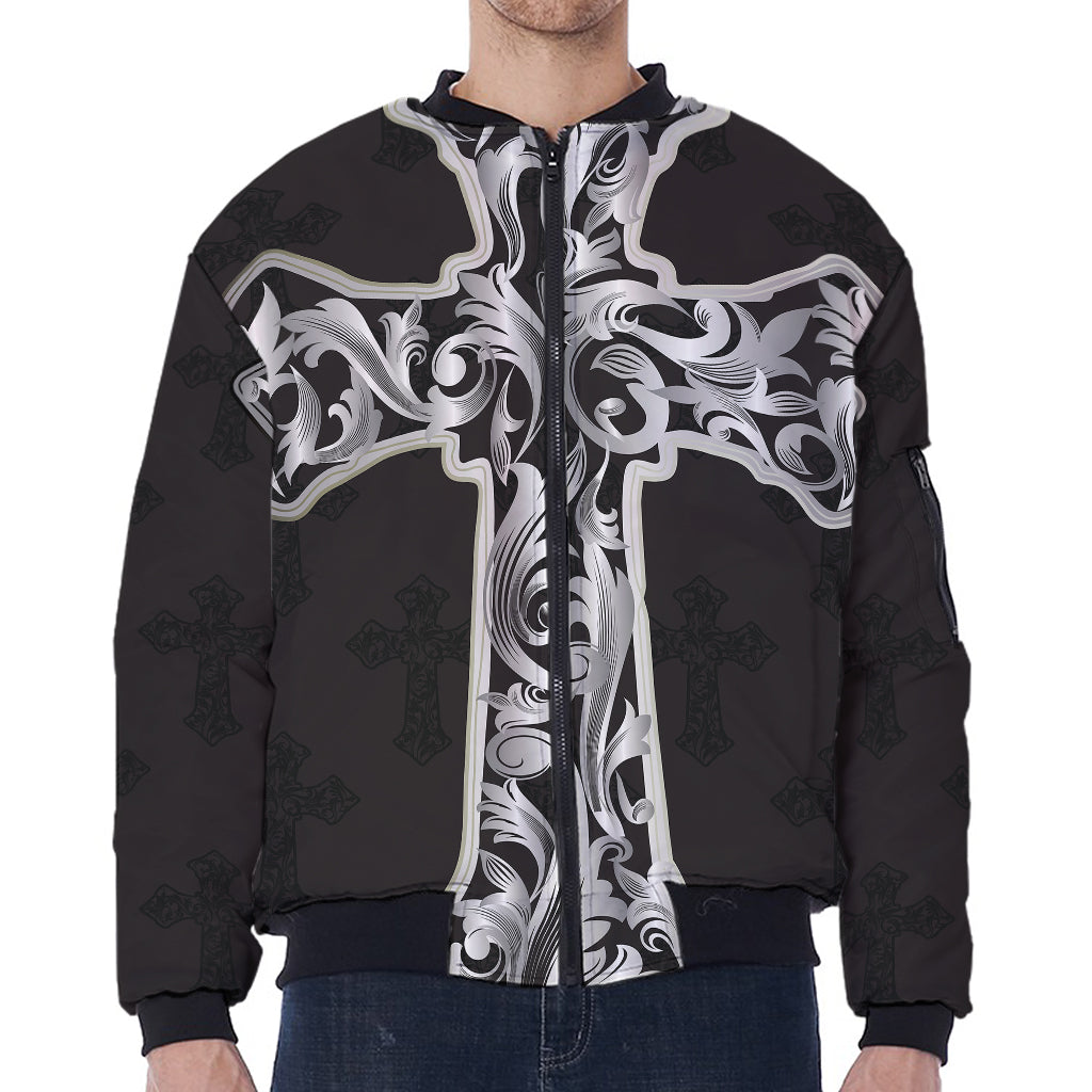 Ornamental Silver Cross Print Zip Sleeve Bomber Jacket