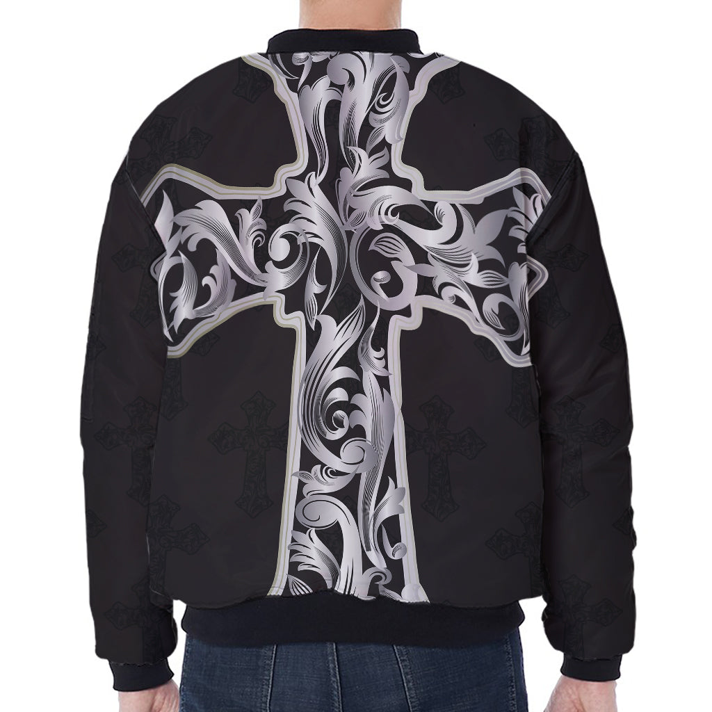 Ornamental Silver Cross Print Zip Sleeve Bomber Jacket