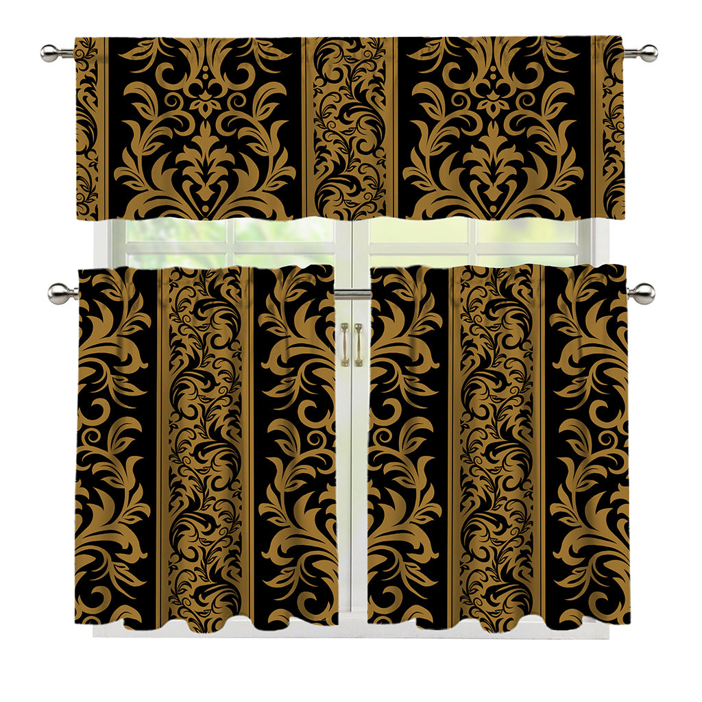 Ornamental Western Damask Print 3 Piece Kitchen Curtains