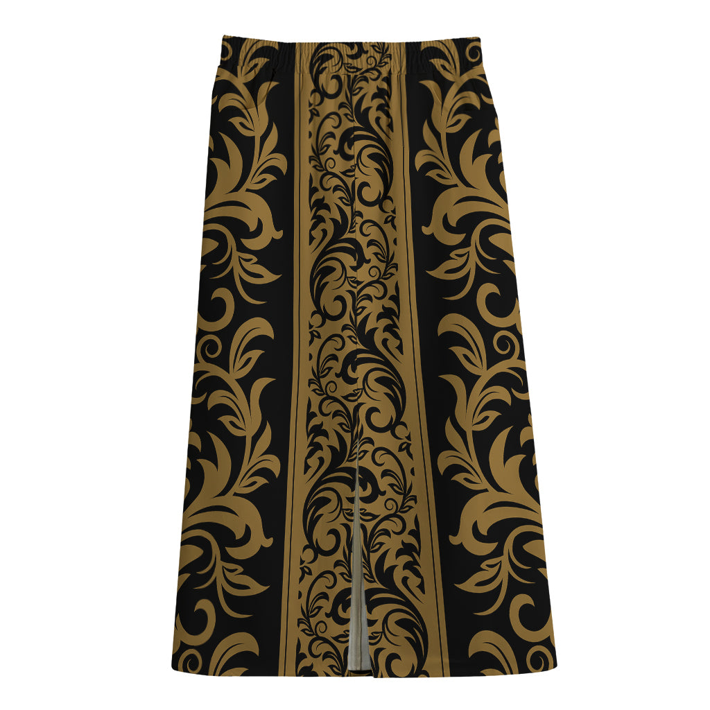 Ornamental Western Damask Print Cotton Front Slit Maxi Skirt