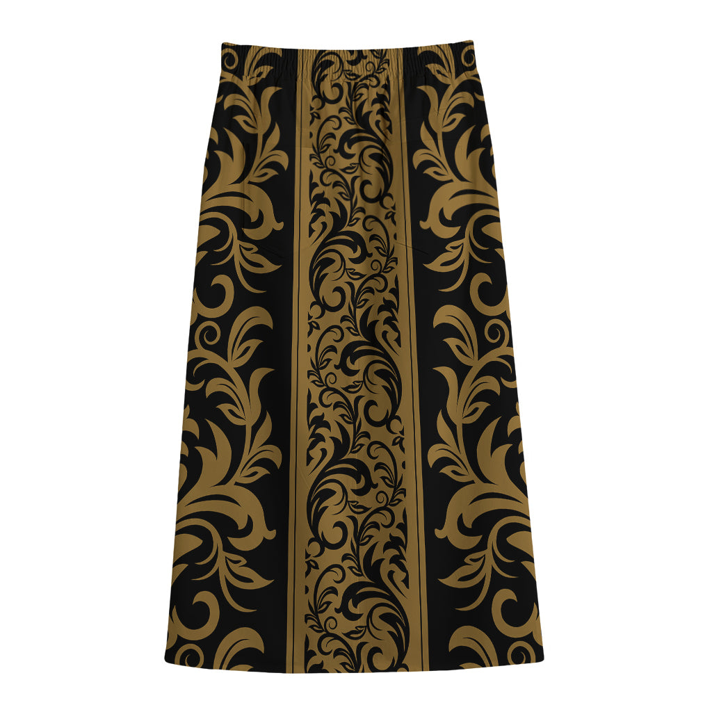 Ornamental Western Damask Print Cotton Front Slit Maxi Skirt