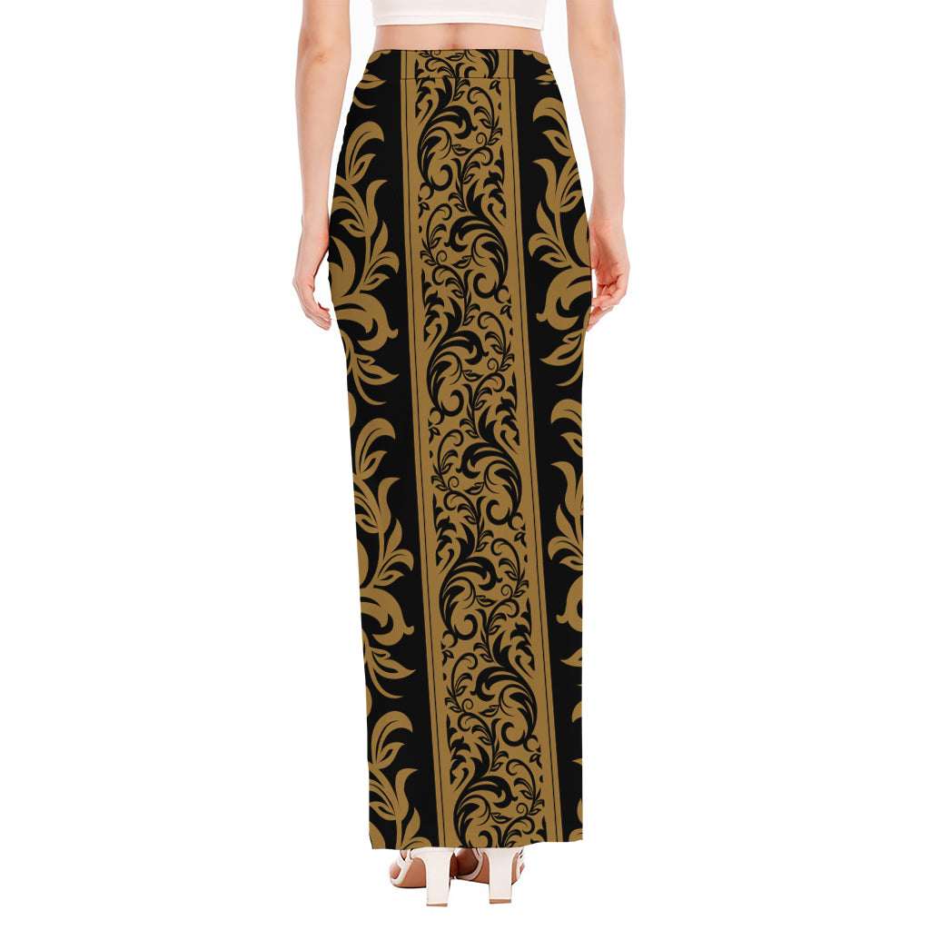 Ornamental Western Damask Print High Slit Maxi Skirt