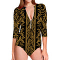 Ornamental Western Damask Print Long Sleeve Swimsuit