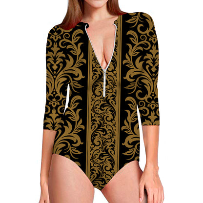 Ornamental Western Damask Print Long Sleeve Swimsuit
