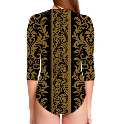 Ornamental Western Damask Print Long Sleeve Swimsuit