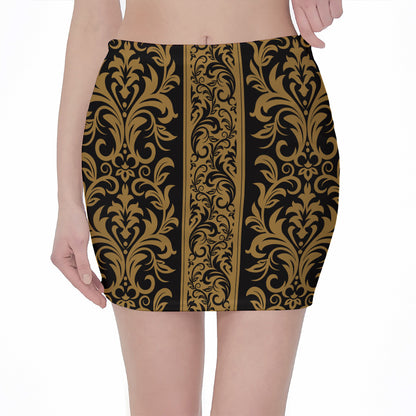 Ornamental Western Damask Print Pencil Mini Skirt