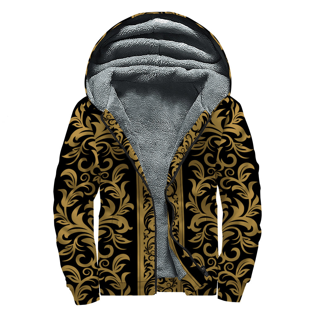 Ornamental Western Damask Print Sherpa Lined Zip Up Hoodie
