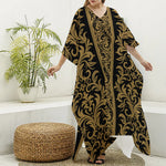 Ornamental Western Damask Print Silk V-Neck Kaftan Dress