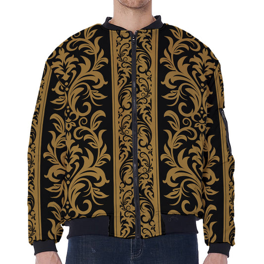 Ornamental Western Damask Print Zip Sleeve Bomber Jacket