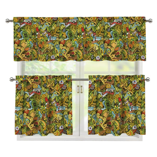 Outdoor Camping Pattern Print 3 Piece Kitchen Curtains
