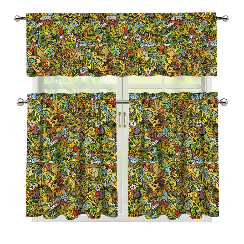 Outdoor Camping Pattern Print 3 Piece Kitchen Curtains