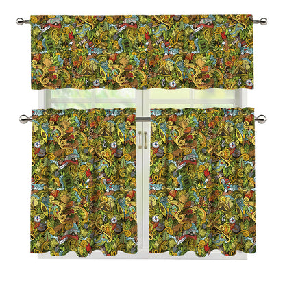 Outdoor Camping Pattern Print 3 Piece Kitchen Curtains