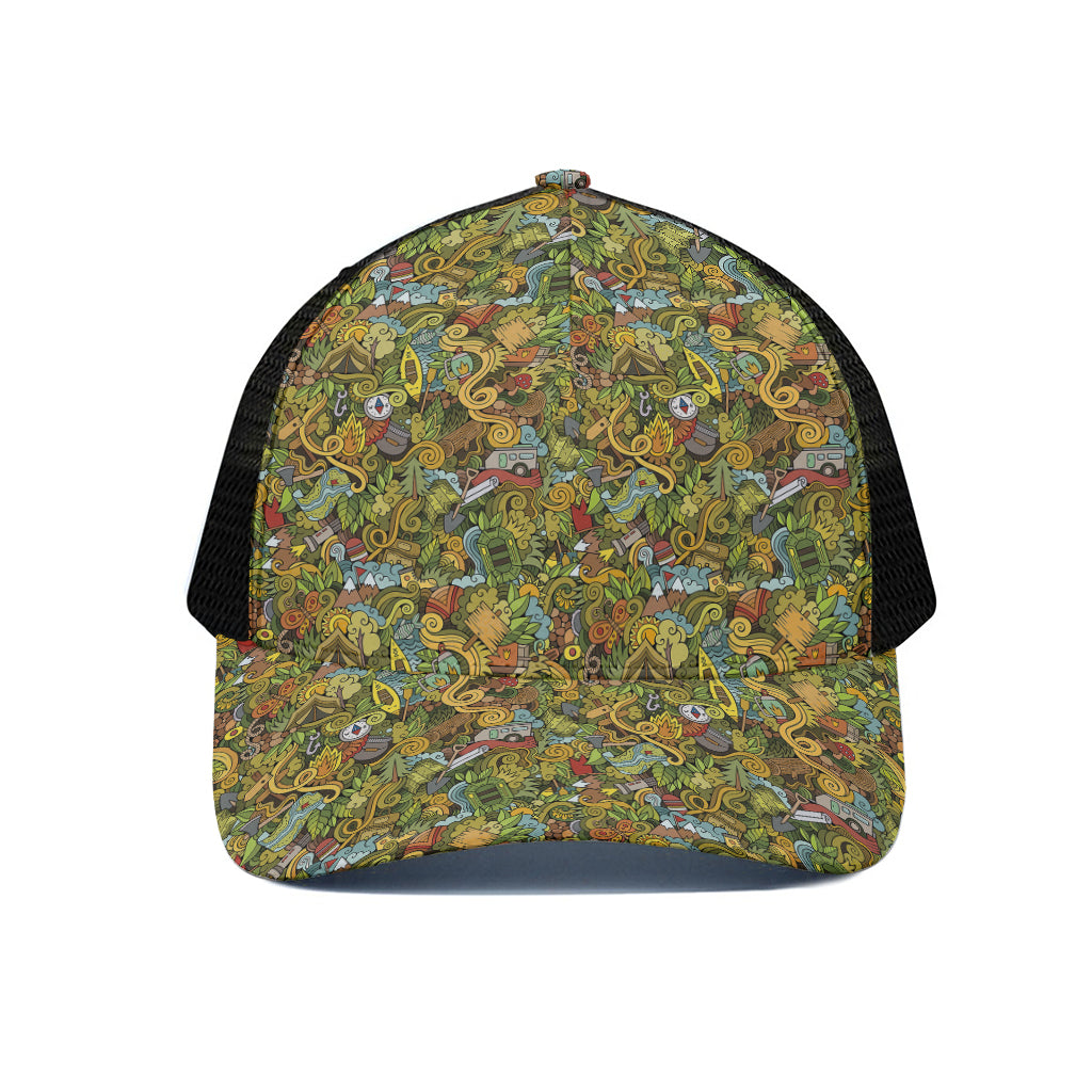 Outdoor Camping Pattern Print Black Mesh Trucker Cap