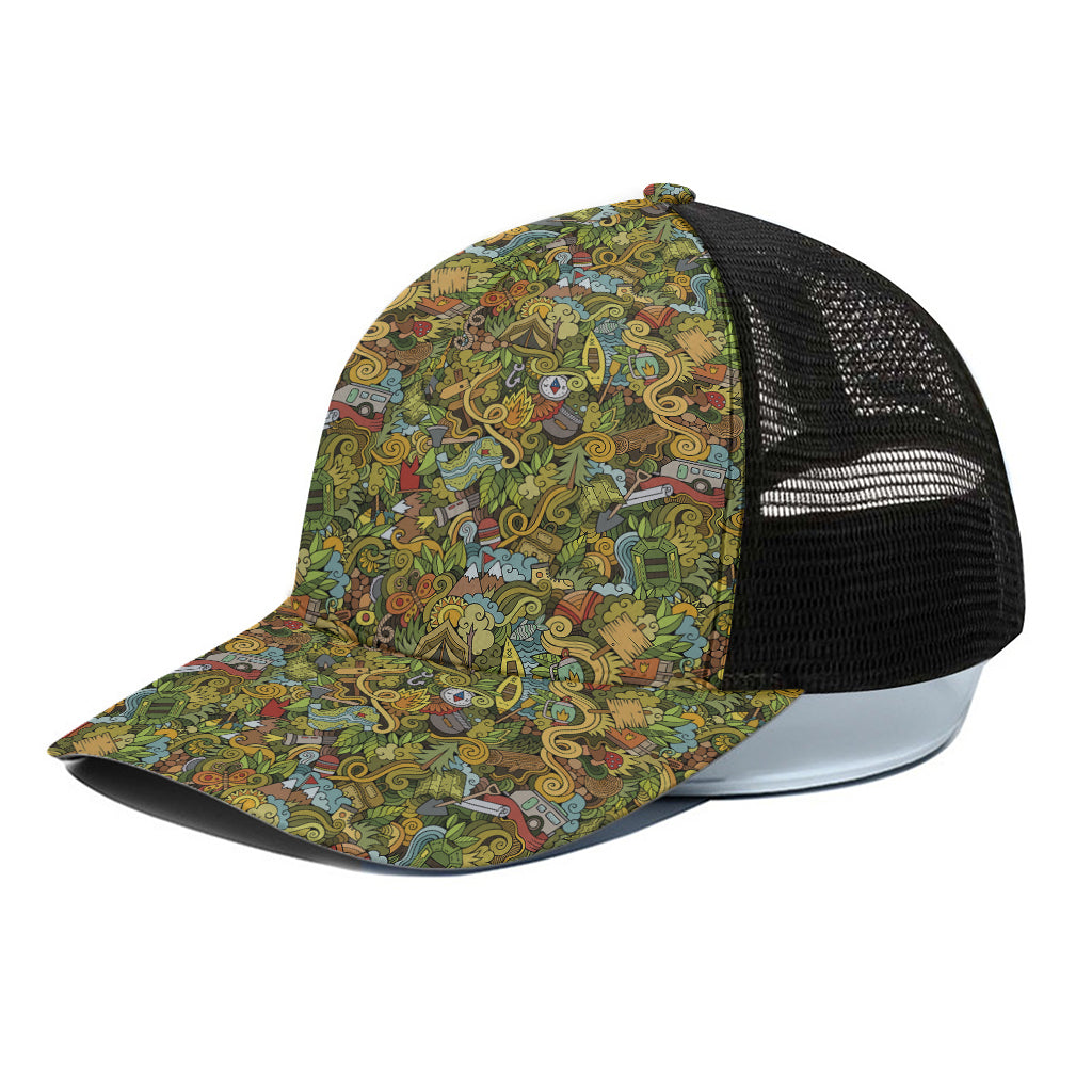 Outdoor Camping Pattern Print Black Mesh Trucker Cap