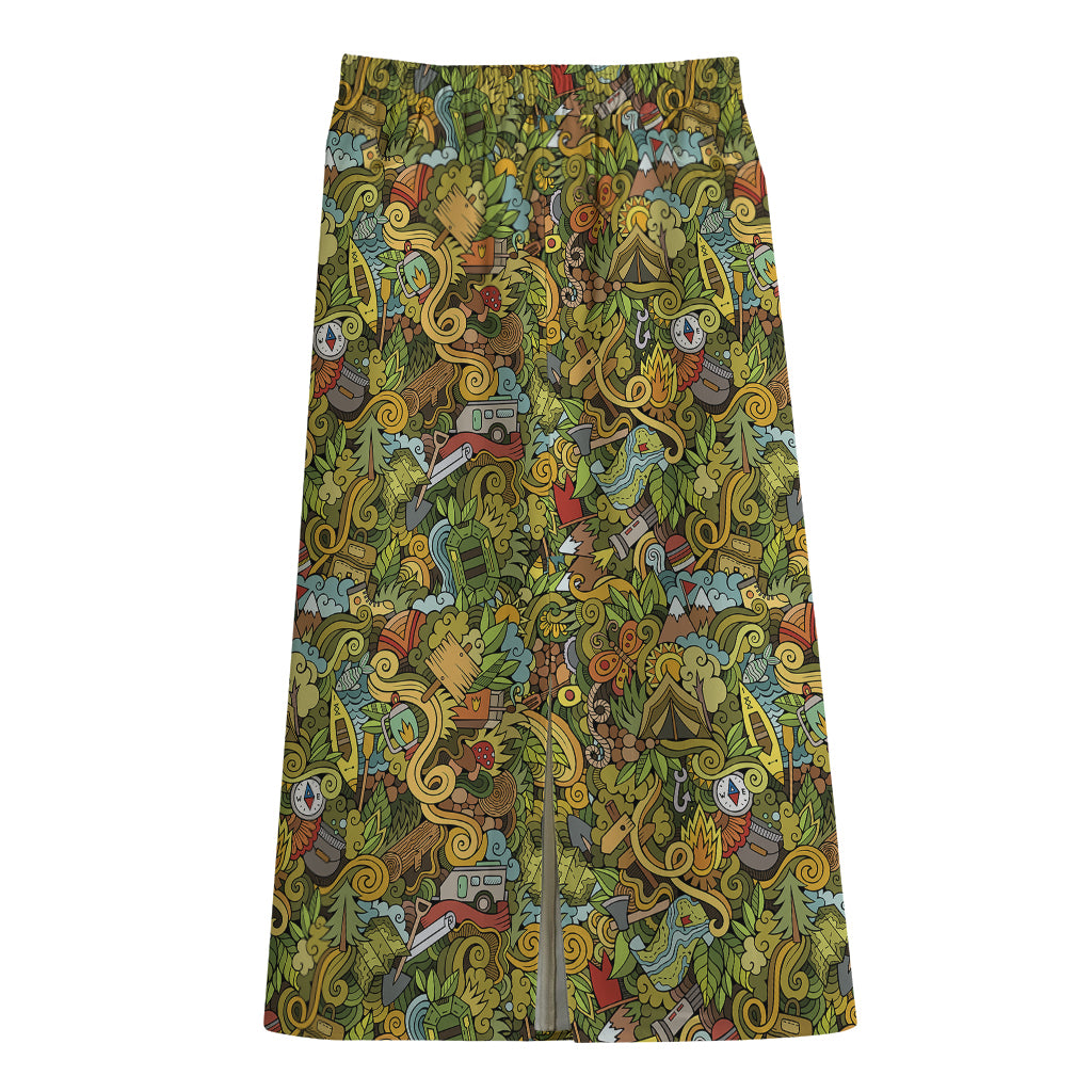 Outdoor Camping Pattern Print Cotton Front Slit Maxi Skirt