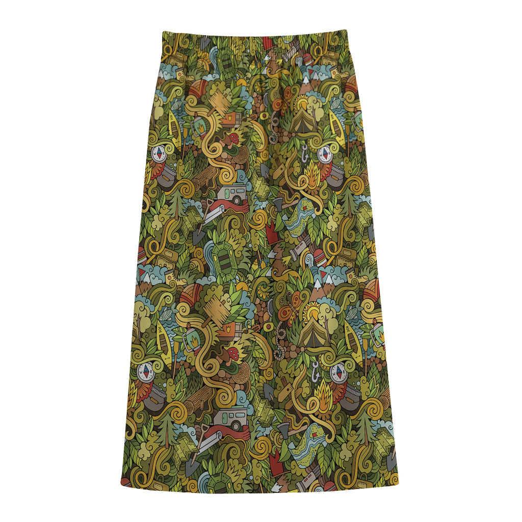 Outdoor Camping Pattern Print Cotton Front Slit Maxi Skirt