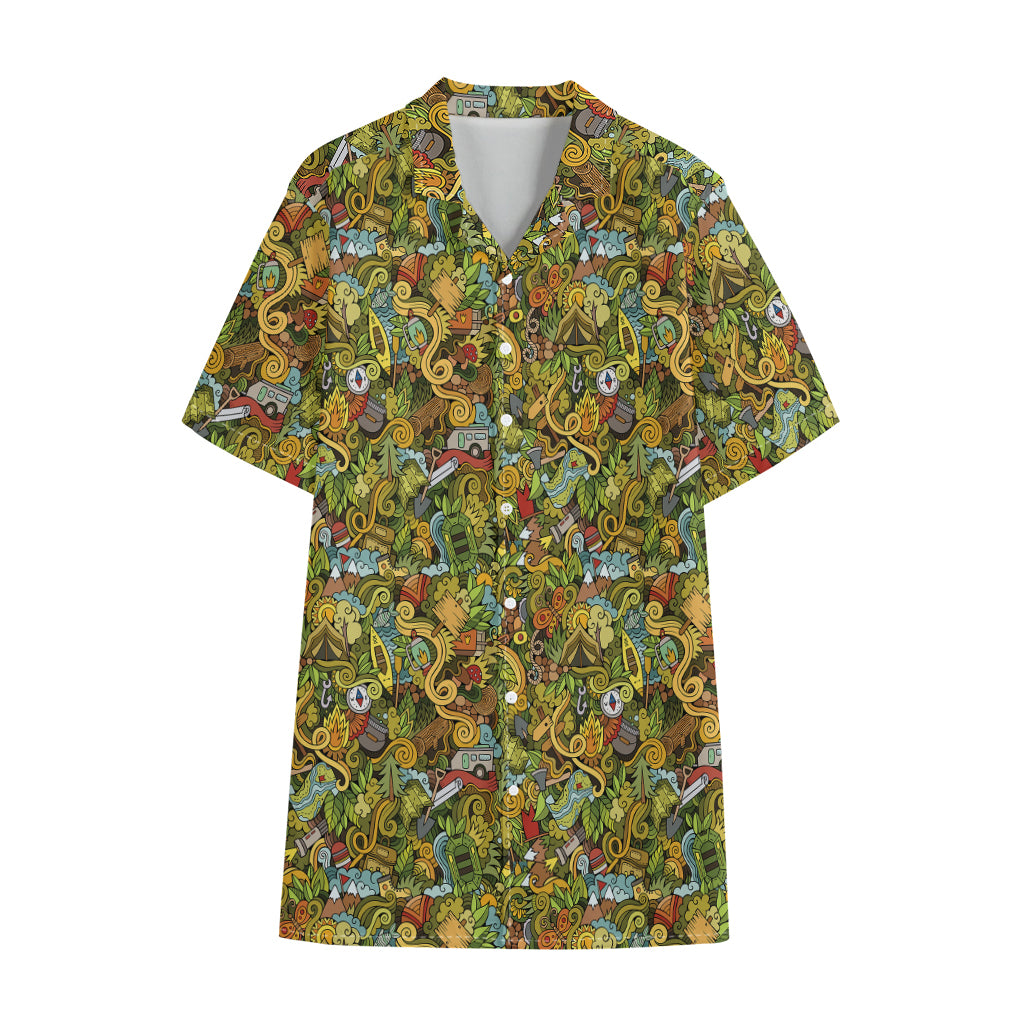 Outdoor Camping Pattern Print Cotton Hawaiian Shirt