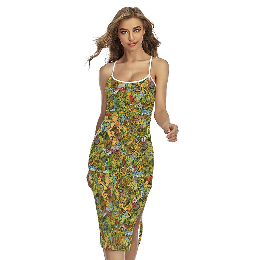 Outdoor Camping Pattern Print Cross Back Cami Dress