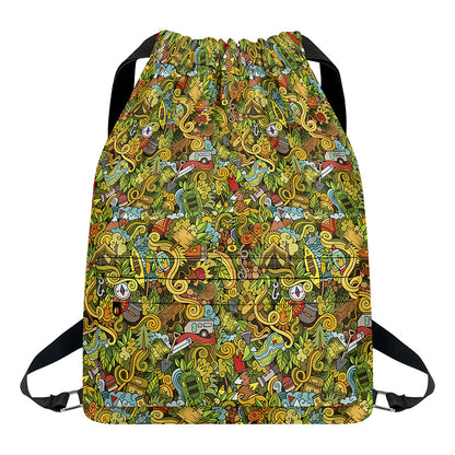 Outdoor Camping Pattern Print Drawstring Backpack