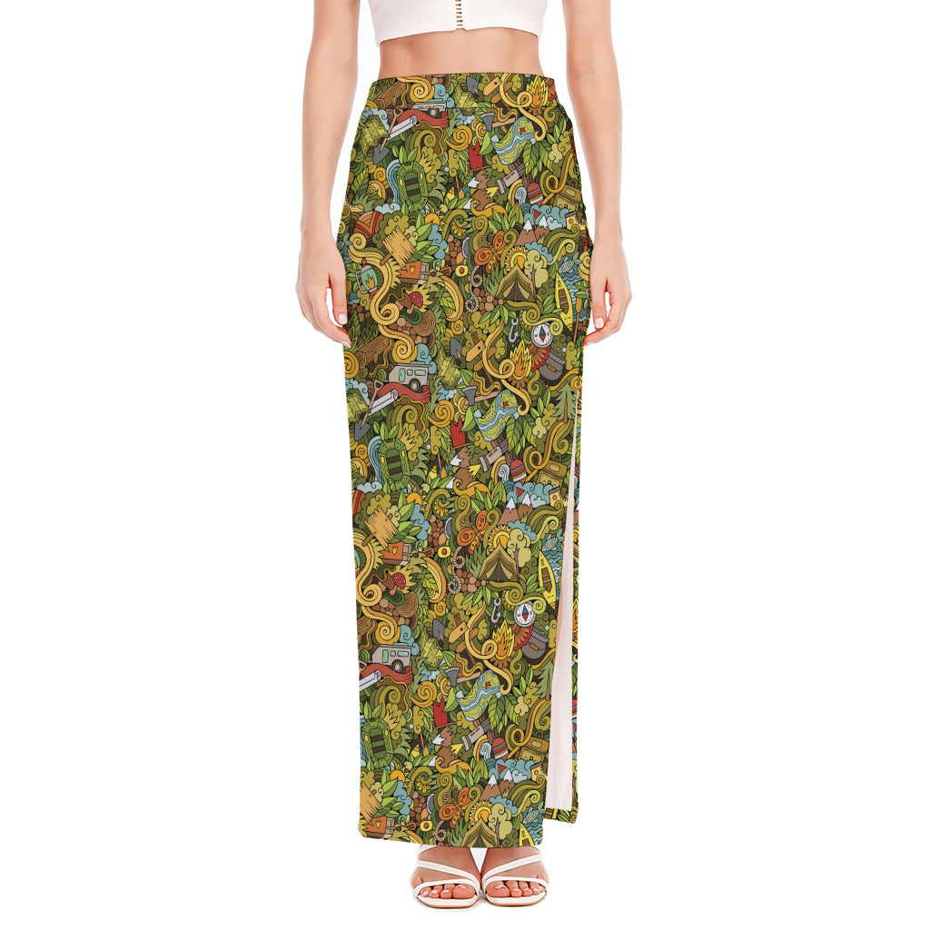 Outdoor Camping Pattern Print High Slit Maxi Skirt