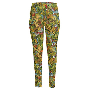 Outdoor Camping Pattern Print High-Waisted Pocket Leggings