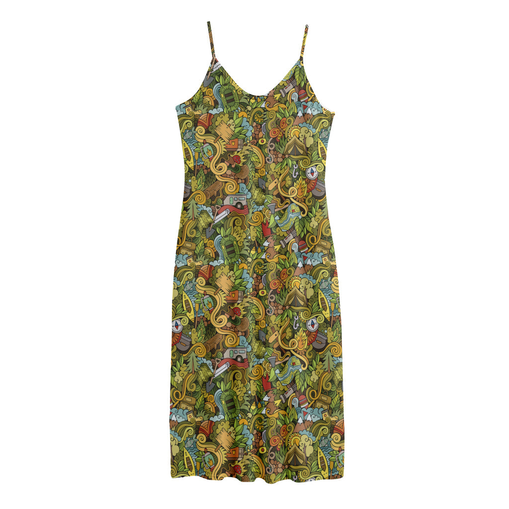 Outdoor Camping Pattern Print Jersey Midi Cami Dress