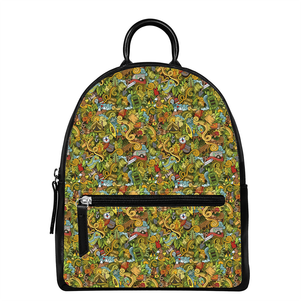 Outdoor Camping Pattern Print Leather Backpack