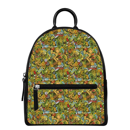 Outdoor Camping Pattern Print Leather Backpack