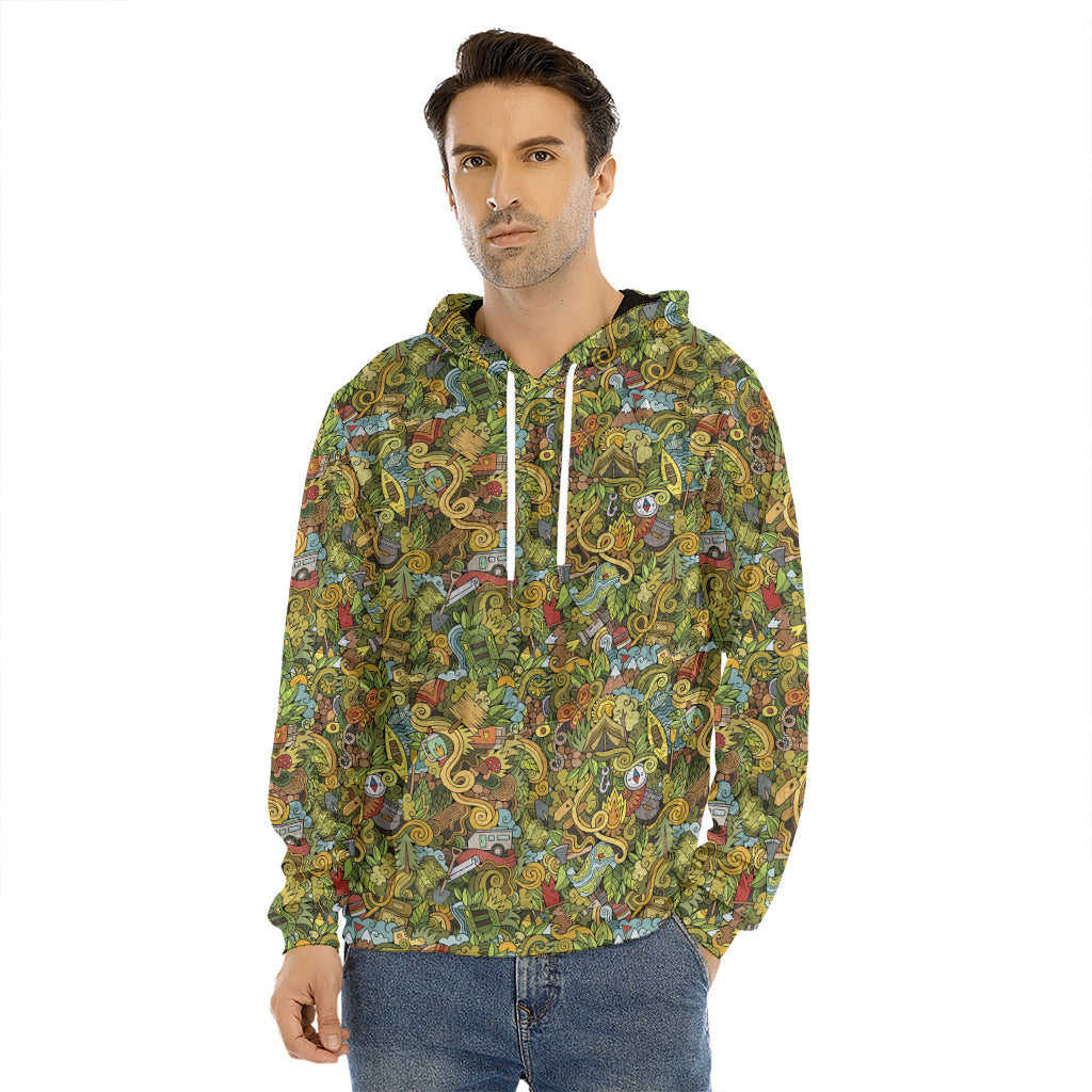 Outdoor Camping Pattern Print Men's Velvet Pullover Hoodie