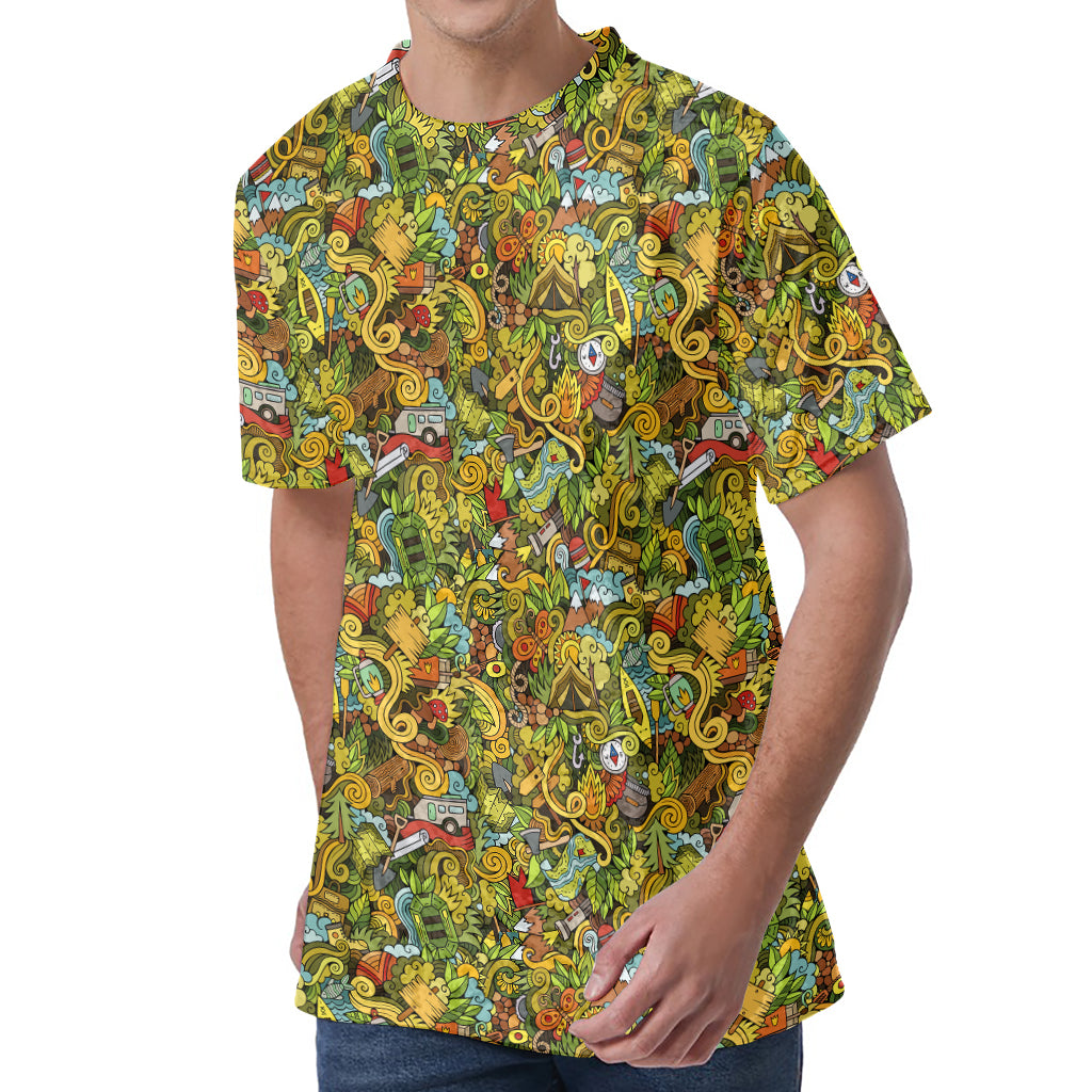 Outdoor Camping Pattern Print Men's Velvet T-Shirt