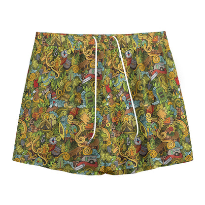 Outdoor Camping Pattern Print Mesh Shorts