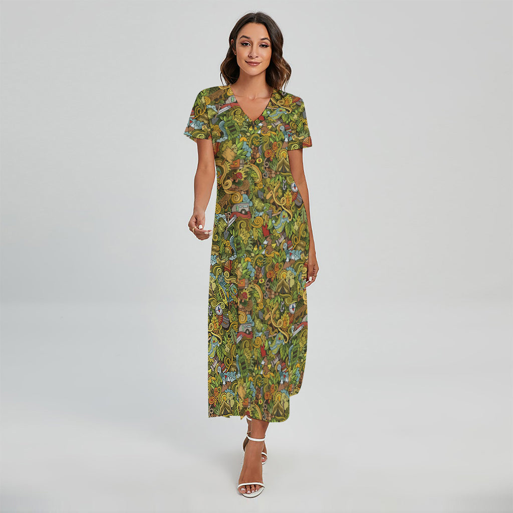 Outdoor Camping Pattern Print Short Sleeve Maxi Dress