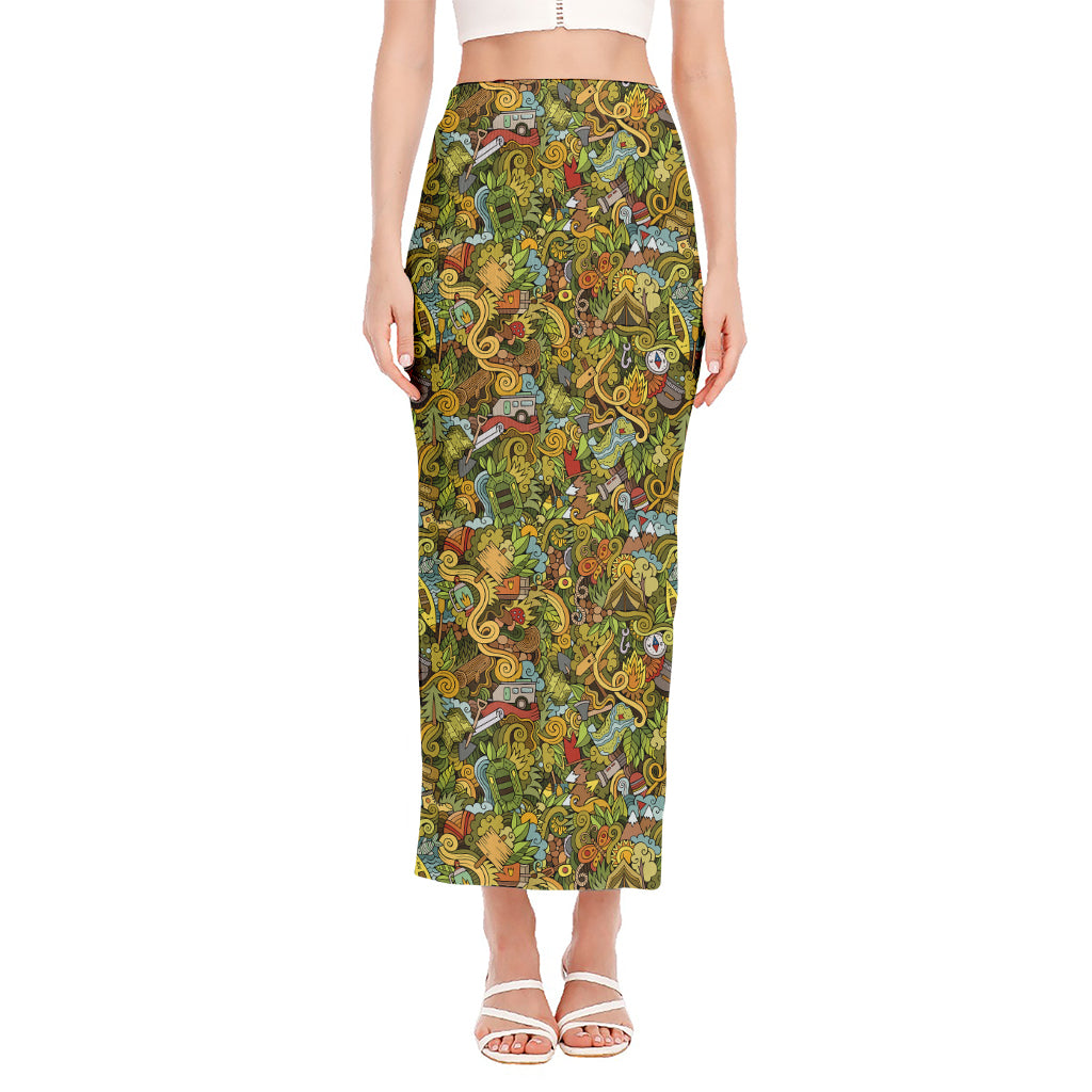 Outdoor Camping Pattern Print Side Slit Maxi Skirt