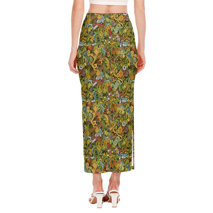 Outdoor Camping Pattern Print Side Slit Maxi Skirt