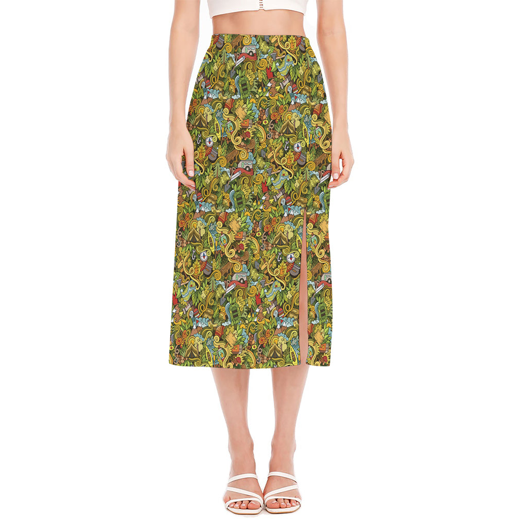 Outdoor Camping Pattern Print Side Slit Midi Skirt