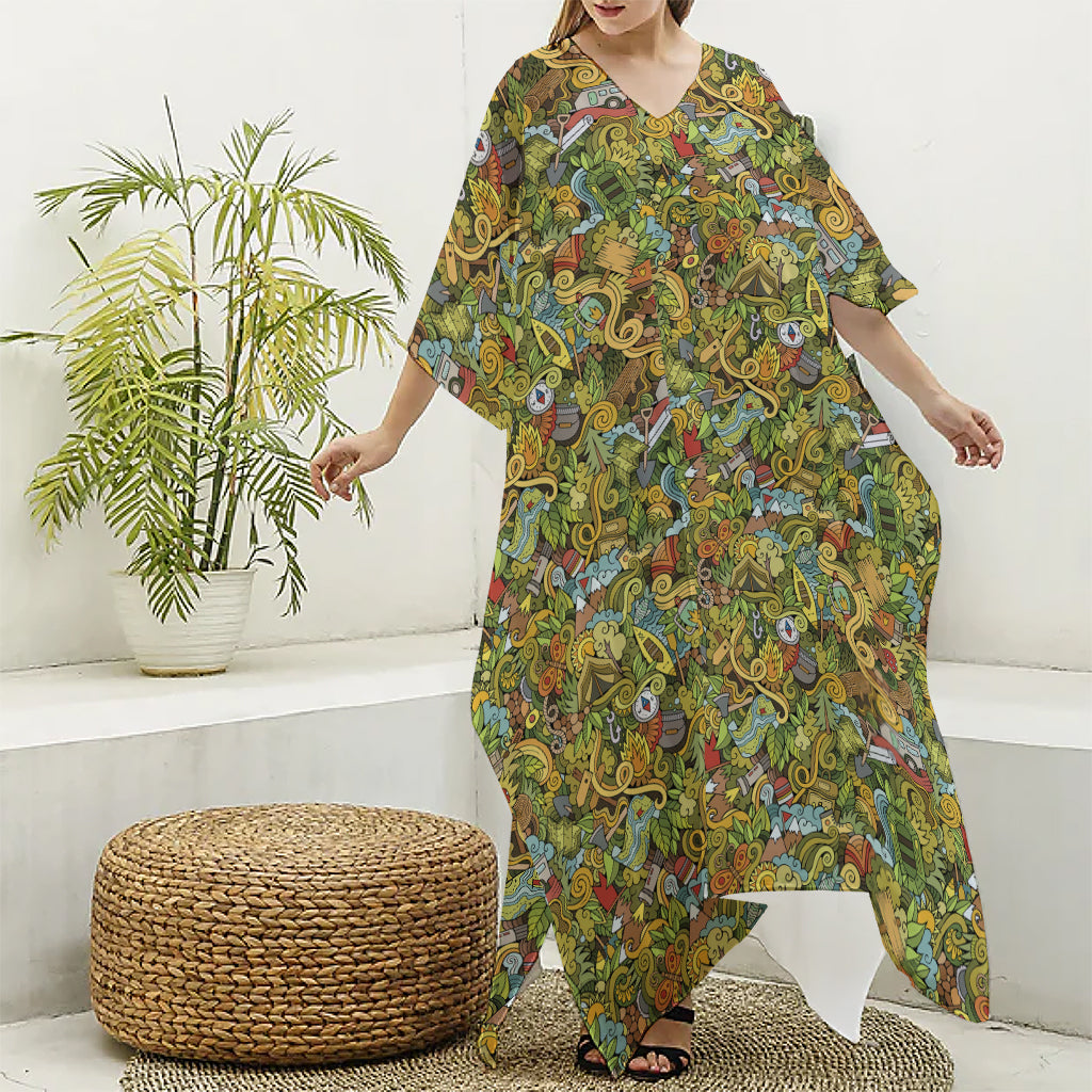 Outdoor Camping Pattern Print Silk V-Neck Kaftan Dress